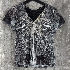 Energe Size M Beaded Boho V Neck Top Black White Short Sleeve Pullover Lace